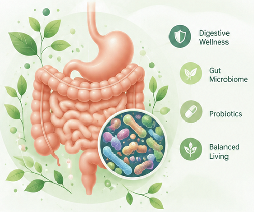Illustration of the digestive system, beneficial gut bacteria and surrounding leaves